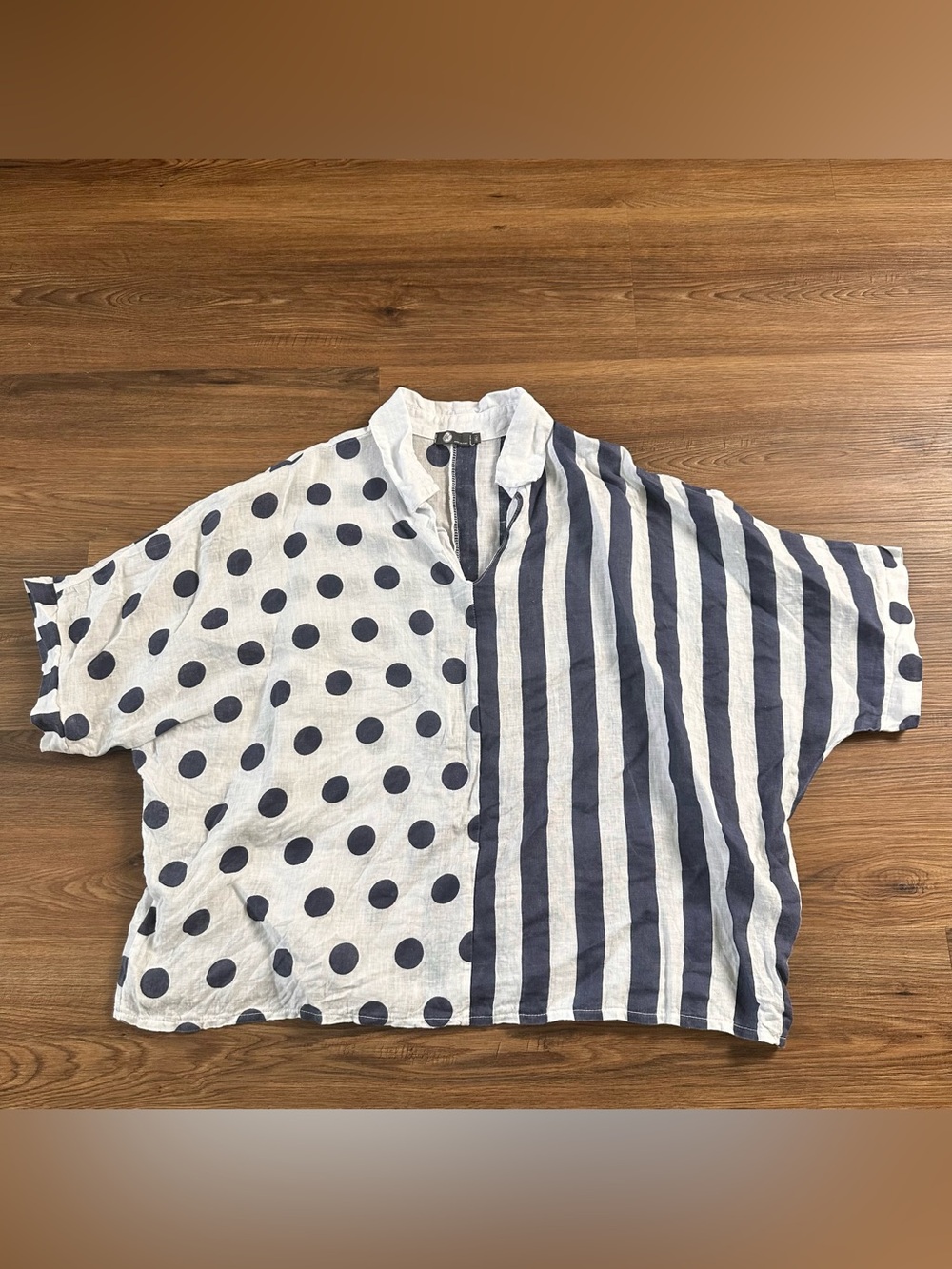 M Made In Italy Polka Dot Stripe 100% Linen Shirt Relaxed Lagenlook Boho Coastal